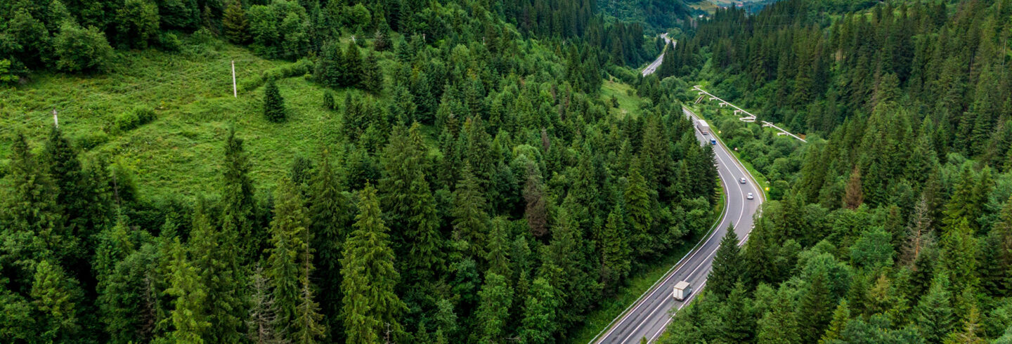 trucks on mountain road 