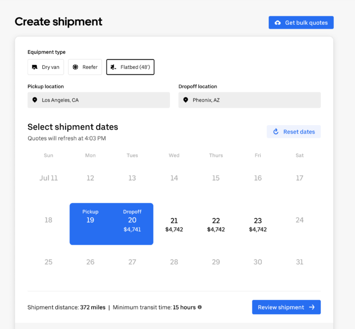 screenshot of booking a flatbed load on Uber Freight Shipping UI